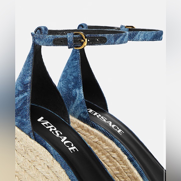NEW VERSACE ‘95 Medusa Crystals Denim Barocco Print Platform Wedge Sandals 41 - Picture 5 of 16